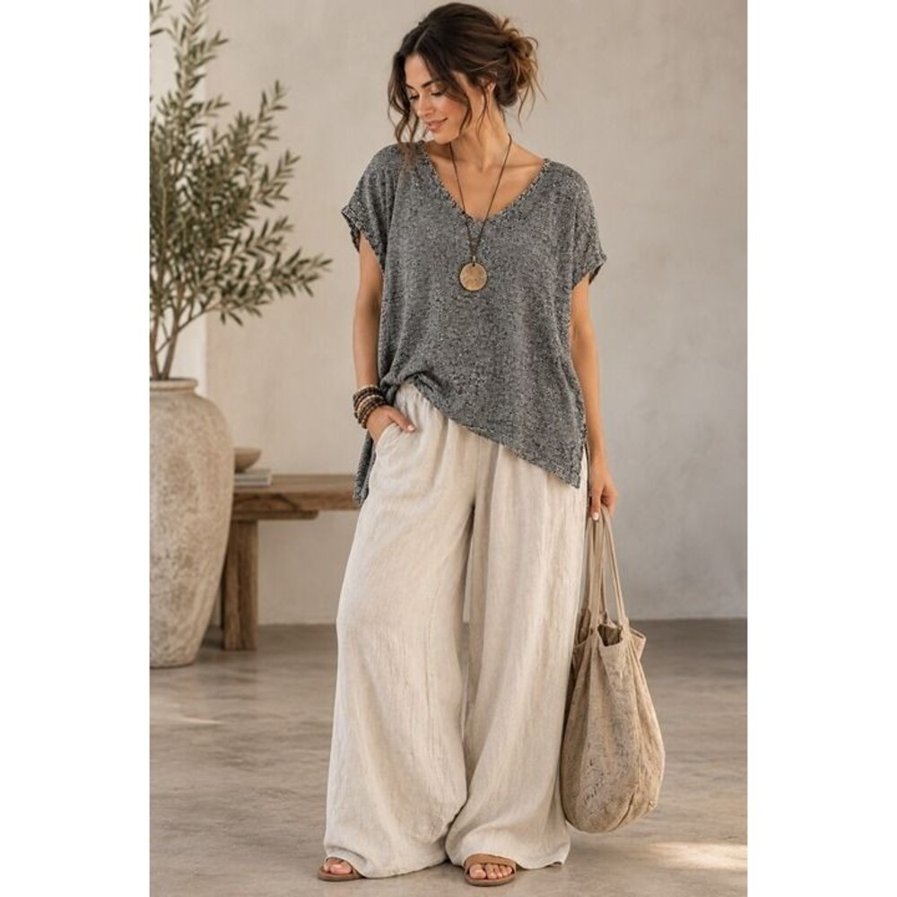 *Flaw Eileen Fisher L Organic Linen V Neck Marled Boxy Knit Top Lagenlook Shirt